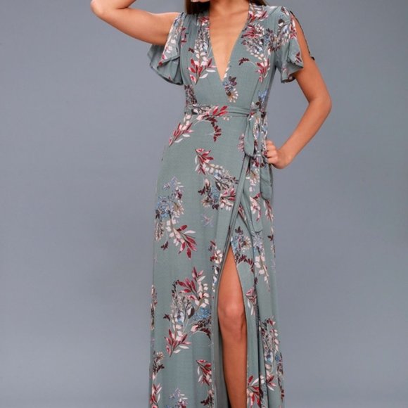 fiorire slate blue floral print wrap maxi dress